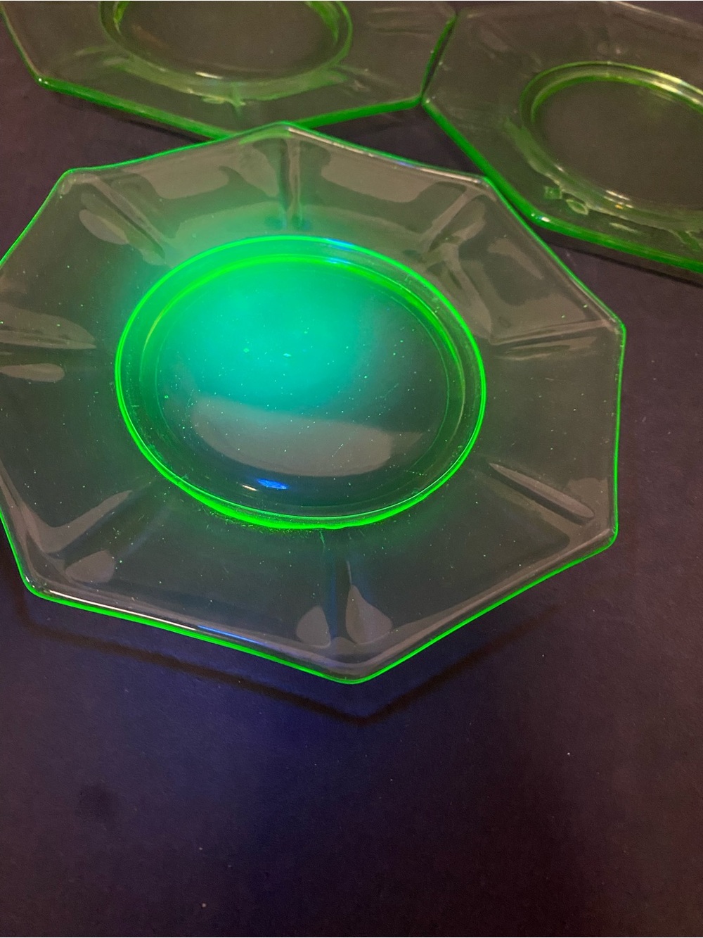 Octagonal Uranium Glass Dessert Plates - Neon Green Set of 3